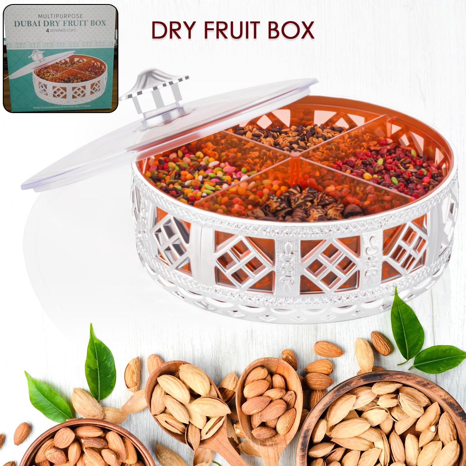 Round Silver 4-Section Dry Fruit Gift Box Round Silver 4-Section Dry Fruit Gift Box